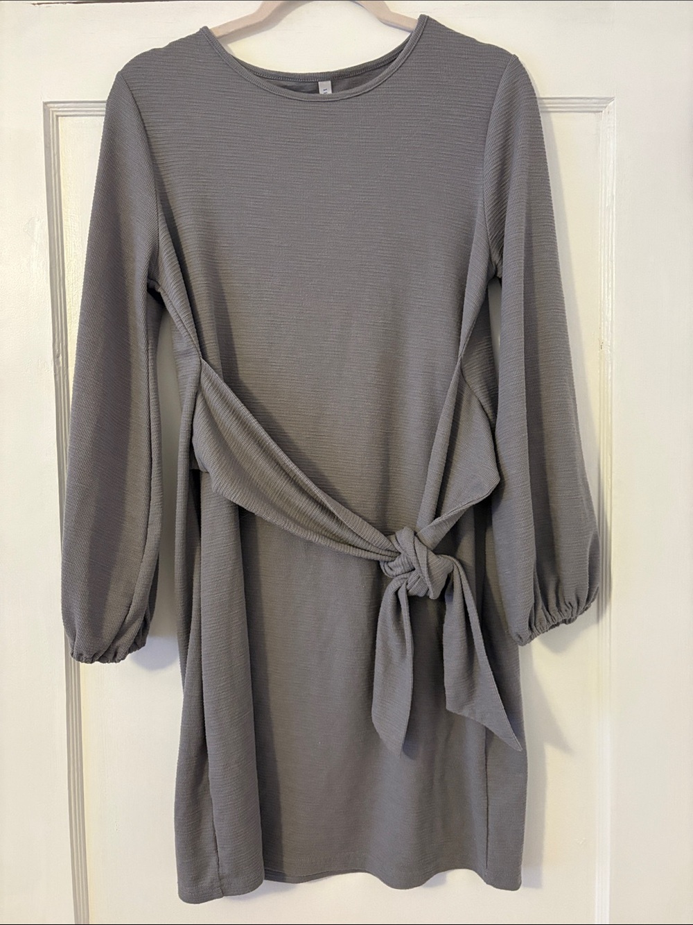 Gray Long Sleeve Tie-Waist Sweater Dress